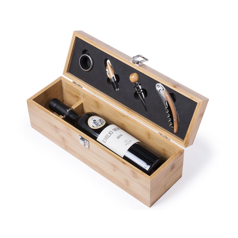 Cassetta vino con accessori in legno di bambù